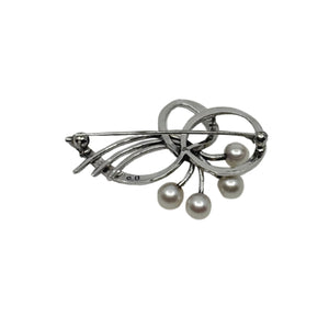 Mikimoto Vintage Spray Ribbon Japanese Cultured Saltwater Akoya Pearl Brooch- Sterling Silver