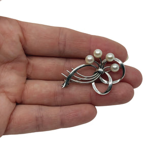 Mikimoto Vintage Spray Ribbon Japanese Cultured Saltwater Akoya Pearl Brooch- Sterling Silver