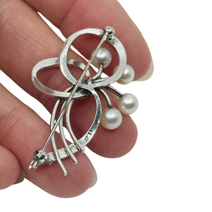 Mikimoto Vintage Spray Ribbon Japanese Cultured Saltwater Akoya Pearl Brooch- Sterling Silver