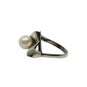 Vintage Geometric Solitaire Japanese Saltwater Akoya Cultured Pearl Vintage Ring- Sterling Silver Sz 4