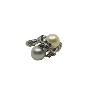 Blue Gold Leaf Japanese Saltwater Cultured Akoya Vintage Pearl Bypass Ring- Sterling Silver Sz 6