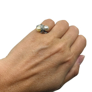 Blue Gold Leaf Japanese Saltwater Cultured Akoya Vintage Pearl Bypass Ring- Sterling Silver Sz 6