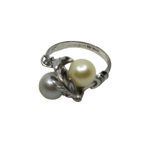 Blue Gold Leaf Japanese Saltwater Cultured Akoya Vintage Pearl Bypass Ring- Sterling Silver Sz 6