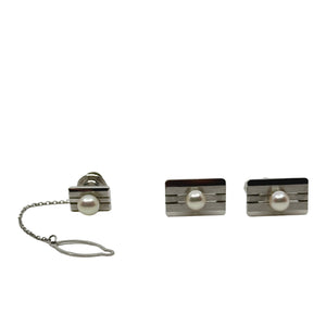 Vintage Textured Modernist Japanese Saltwater Akoya Cultured Pearl Mens Cufflinks- Sterling Silver