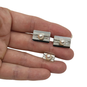 Vintage Textured Modernist Japanese Saltwater Akoya Cultured Pearl Mens Cufflinks- Sterling Silver