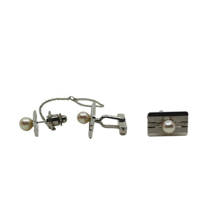 Vintage Textured Modernist Japanese Saltwater Akoya Cultured Pearl Mens Cufflinks- Sterling Silver