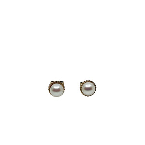 Petite Vintage Braided Japanese Akoya Saltwater Cultured Pearl Stud Pierced Earrings- 9K Yellow Gold