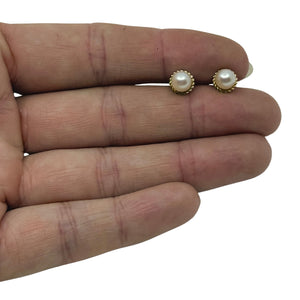 Petite Vintage Braided Japanese Akoya Saltwater Cultured Pearl Stud Pierced Earrings- 9K Yellow Gold