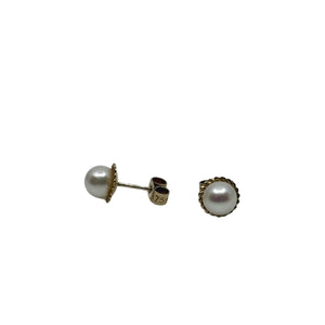 Petite Vintage Braided Japanese Akoya Saltwater Cultured Pearl Stud Pierced Earrings- 9K Yellow Gold