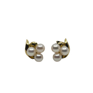 Vintage Mikimoto Triple Akoya Saltwater Cultured Pearl Stud Earrings- 18K Yellow Gold