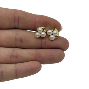 Vintage Mikimoto Triple Akoya Saltwater Cultured Pearl Stud Earrings- 18K Yellow Gold