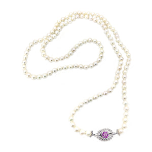 Art Nouveau Japanese Saltwater Cultured Akoya Pearl Pink Topaz Opera Necklace - 18K White Gold 36 Inch