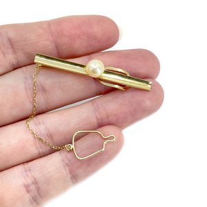 Vintage Mid Century Men's Japanese Saltwater Akoya Cultured Pearl Tie Bar- 18K Yellow Gold