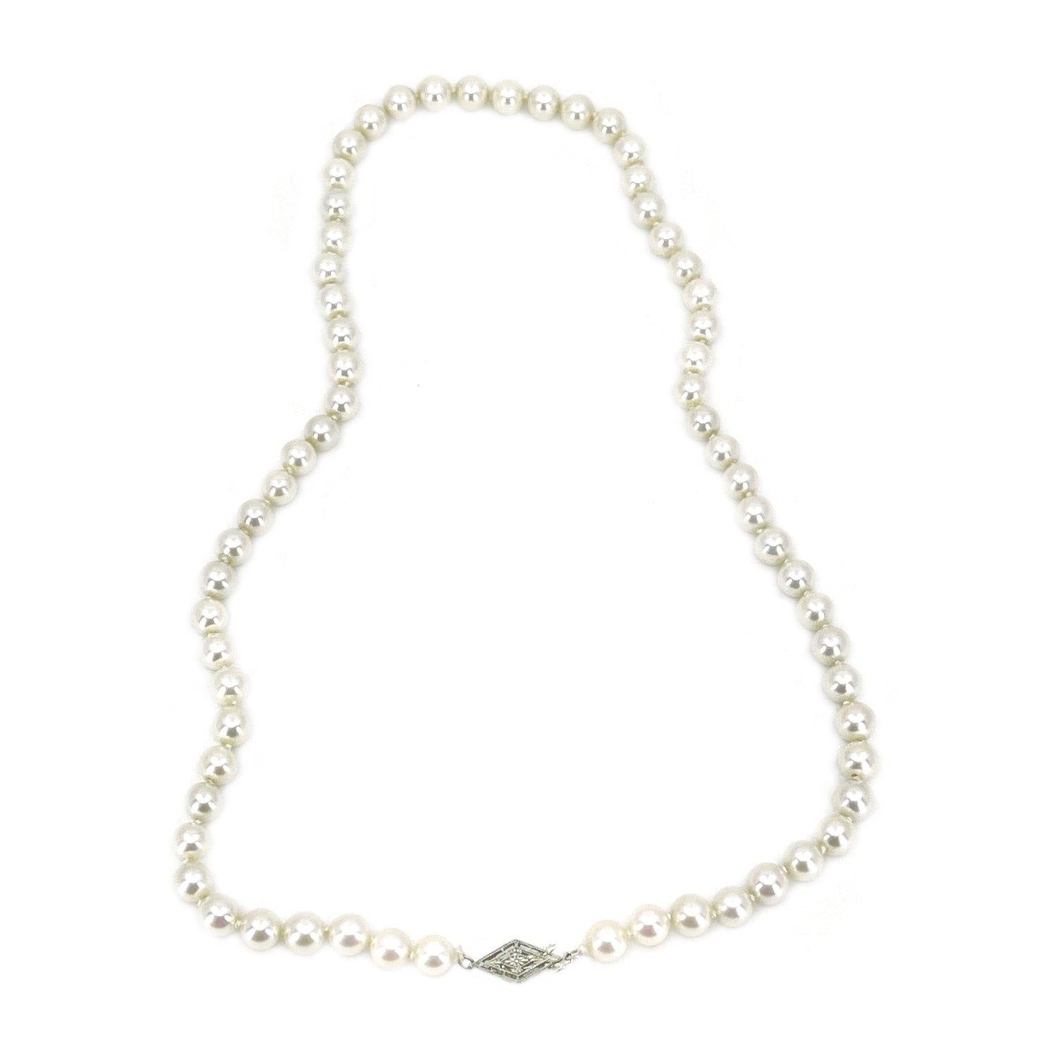 Art Deco Japanese Saltwater Cultured Akoya Pearl Necklace - 18K White Gold 18 Inch