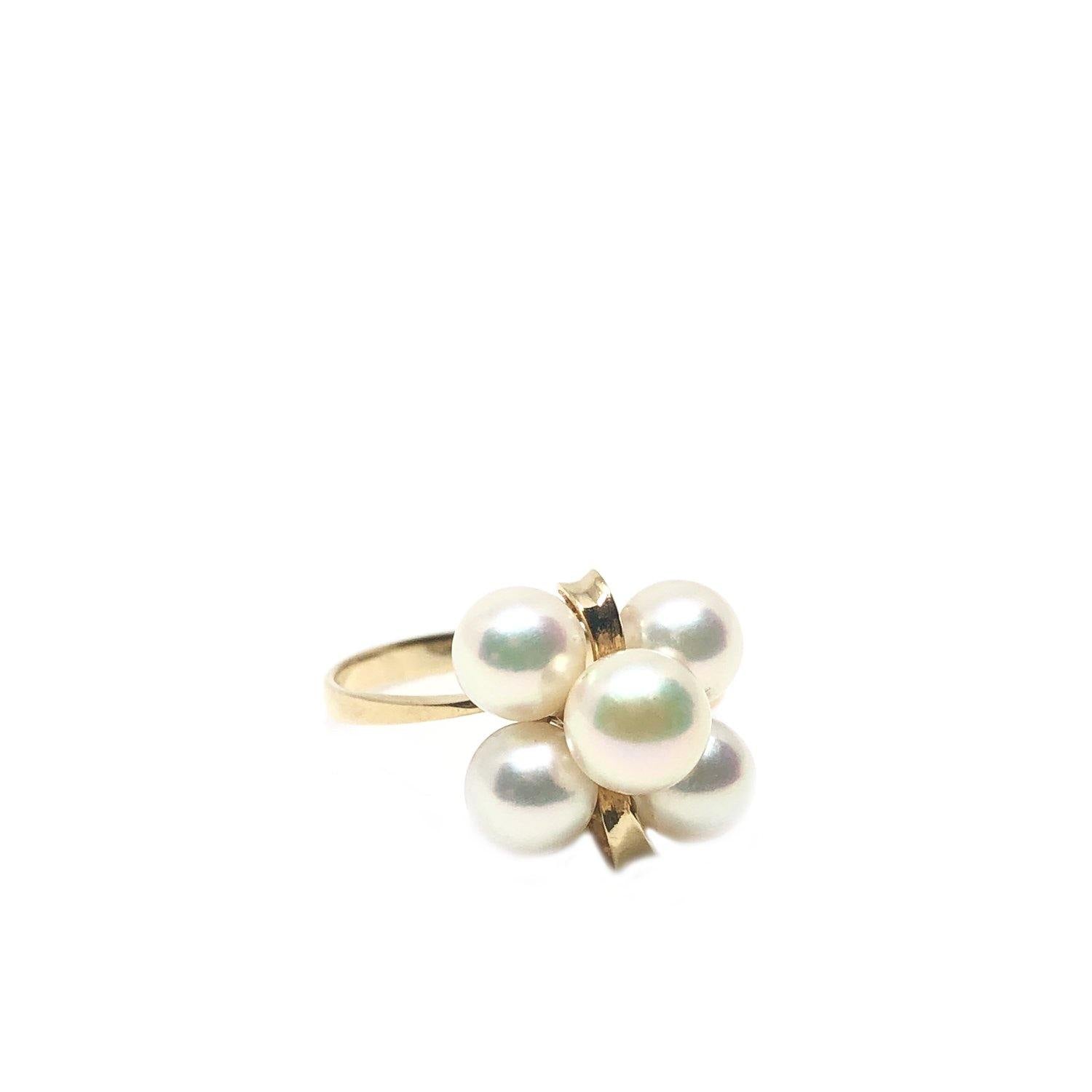 Retro Cluster Design Japanese Saltwater Akoya Cultured Pearl Ring- 18K Yellow Gold Size 6 3/4