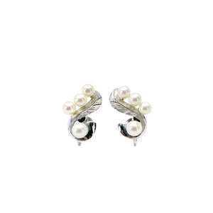 Engraved Retro Leaf Akoya Saltwater Cultured Pearl Vintage Screwback Earrings- Sterling Silver