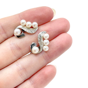 Engraved Retro Leaf Akoya Saltwater Cultured Pearl Vintage Screwback Earrings- Sterling Silver