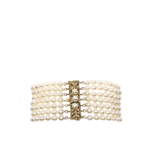 Seven Strand Floral Vintage Akoya Saltwater Cultured Pearl Bracelet- 14K Yellow Gold