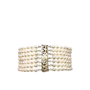 Seven Strand Floral Vintage Akoya Saltwater Cultured Pearl Bracelet- 14K Yellow Gold