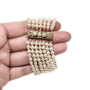 Seven Strand Floral Vintage Akoya Saltwater Cultured Pearl Bracelet- 14K Yellow Gold