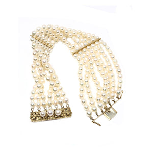 Seven Strand Floral Vintage Akoya Saltwater Cultured Pearl Bracelet- 14K Yellow Gold