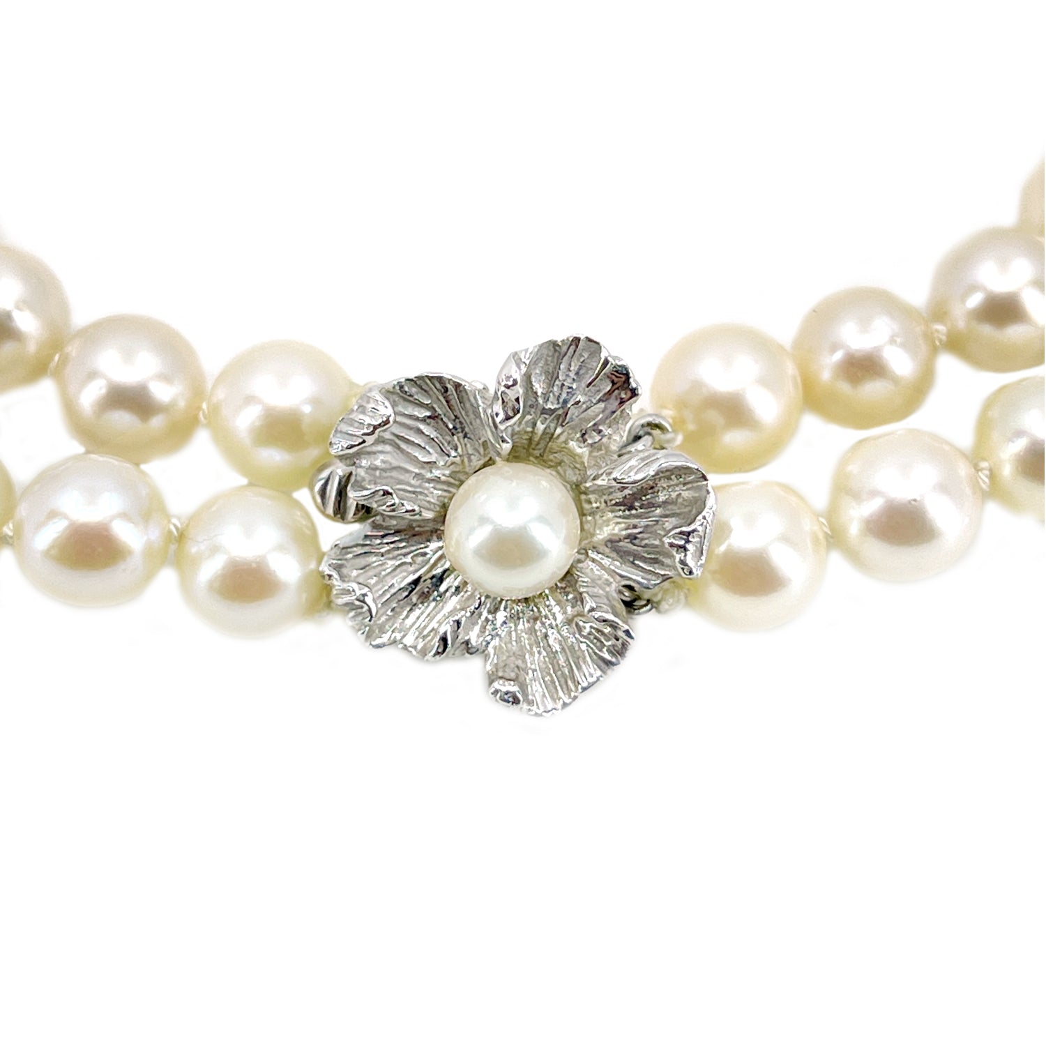 Vintage Japanese Saltewater Akoya Cultured Pearl Double Strand Floral Necklace - 14K White Gold 24.50 & 25.50 Inch