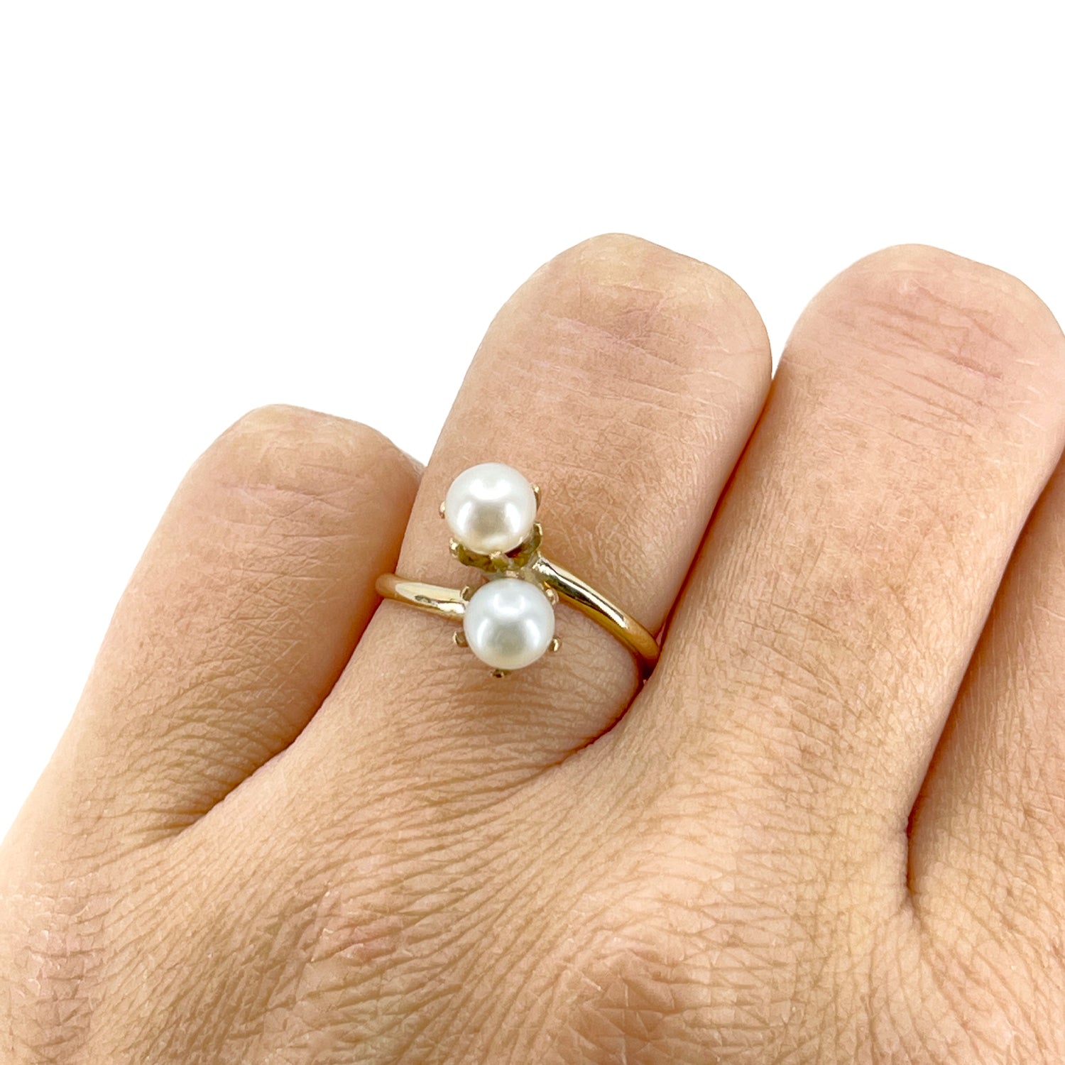 Vintage Japanese Saltwater Akoya Pearl Double Bypass Ring - 10K Yellow Gold Size 6.50