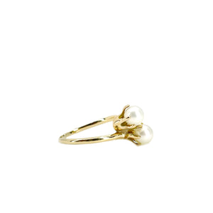 Vintage Japanese Saltwater Akoya Pearl Double Bypass Ring - 10K Yellow Gold Size 6.50