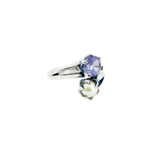 Gothic Bypass Syn Alexandrite Japanese Saltwater Akoya Cultured Pearl Ring- Sterling Silver Sz 6 1/2