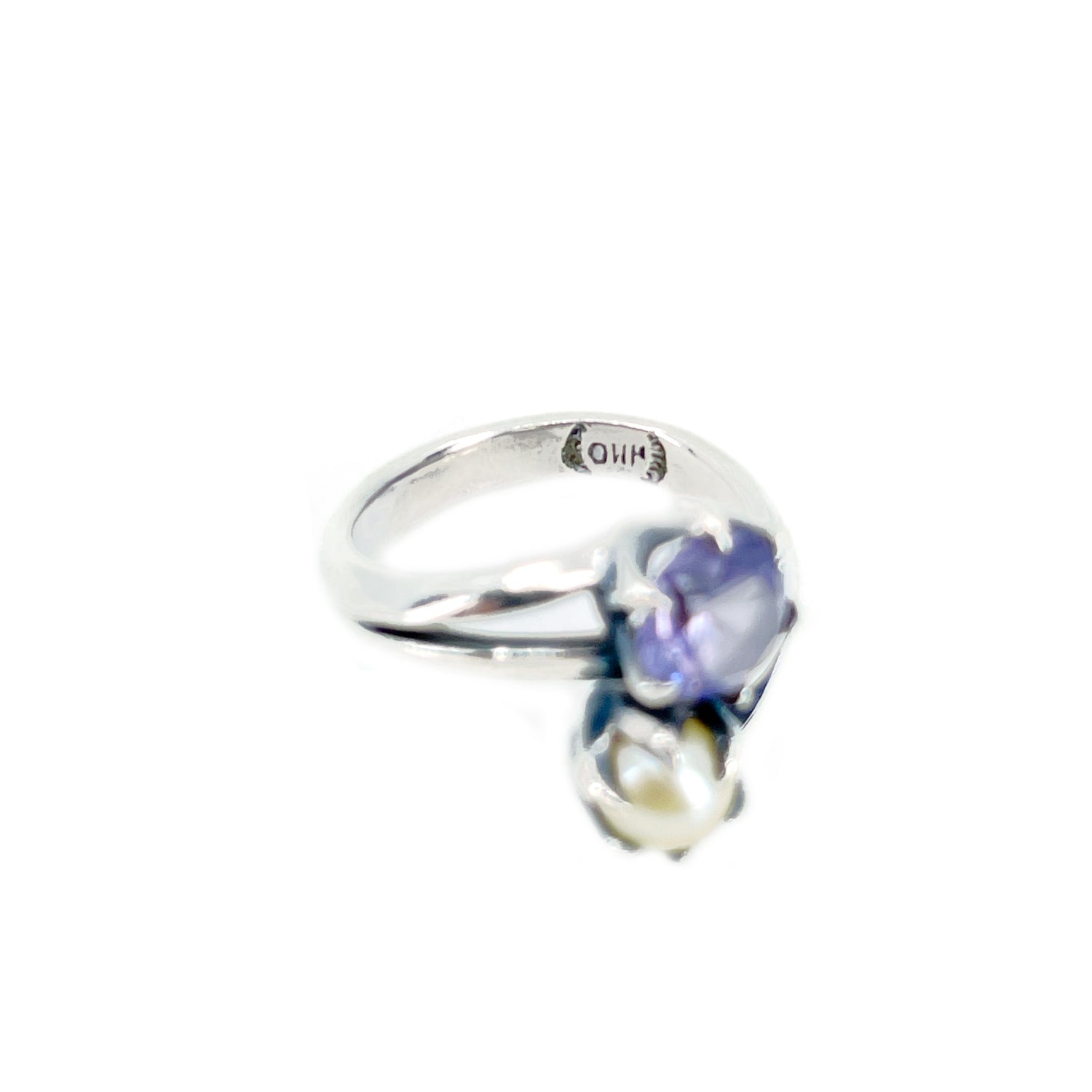 Gothic Bypass Syn Alexandrite Japanese Saltwater Akoya Cultured Pearl Ring- Sterling Silver Sz 6 1/2
