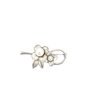 Boho Hippie Antique Engraved Flower Japanese Akoya Cultured Saltwater Pearl Brooch- Sterling Silver