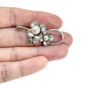 Boho Hippie Antique Engraved Flower Japanese Akoya Cultured Saltwater Pearl Brooch- Sterling Silver