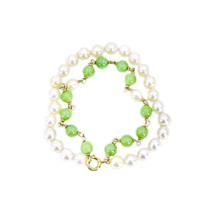Apple Jade Double Strand Antique Akoya Saltwater Cultured Pearl Bracelet- 14K Yellow Gold