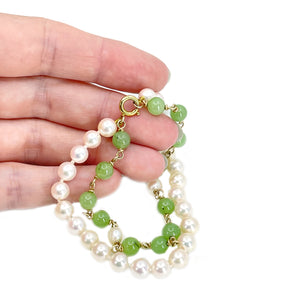 Apple Jade Double Strand Antique Akoya Saltwater Cultured Pearl Bracelet- 14K Yellow Gold