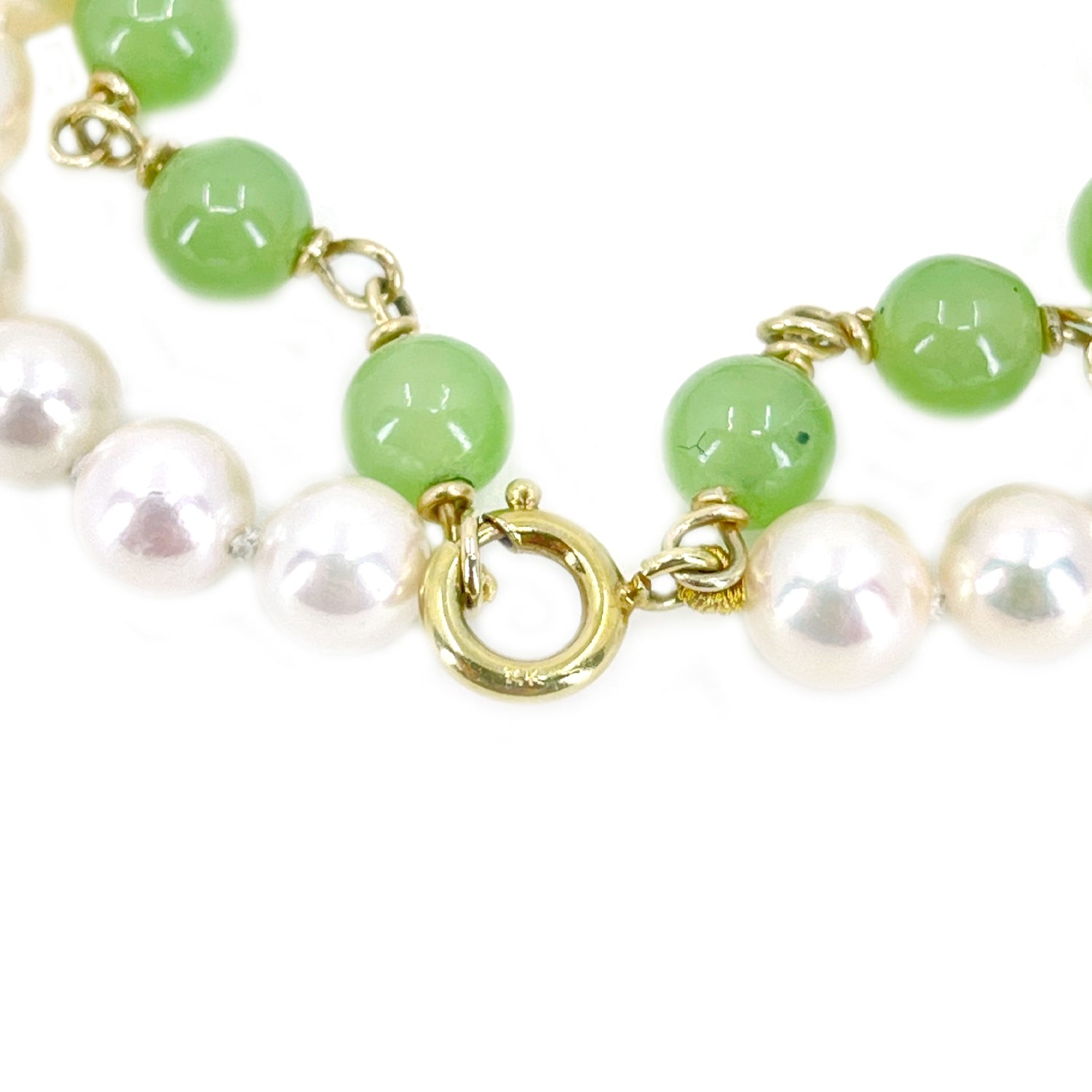Apple Jade Double Strand Antique Akoya Saltwater Cultured Pearl Bracelet- 14K Yellow Gold