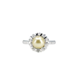 Ballerina Vintage Japanese Saltwater Cultured Akoya Pearl Halo Ring- Sterling Silver Sz 7 1/4