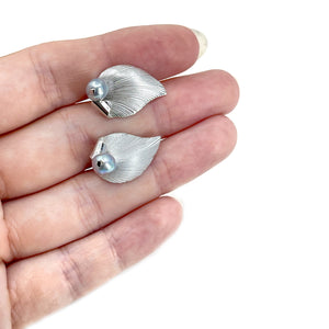 Baroque Blue Akoya Saltwater Cultured Pearl Leaf Screwback Earrings- Sterling Silver