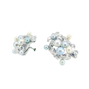 Art Nouveau Engraved Japanese Saltwater Blue & White Akoya Cultured Pearl Cuff Bracelet & Screwback Earring Set- Sterling Silver