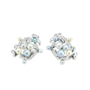 Art Nouveau Engraved Japanese Saltwater Blue & White Akoya Cultured Pearl Cuff Bracelet & Screwback Earring Set- Sterling Silver