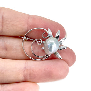 Modernist Baroque Blue Japanese Saltwater Akoya Cultured Pearl Vintage Brooch- Sterling Silver