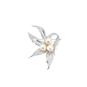 Baroque Boho Leaf Japanese Saltwater Akoya Vintage Cultured Pearl Brooch- Sterling Silver