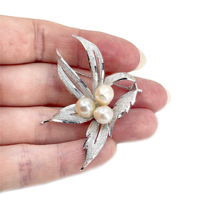 Baroque Boho Leaf Japanese Saltwater Akoya Vintage Cultured Pearl Brooch- Sterling Silver