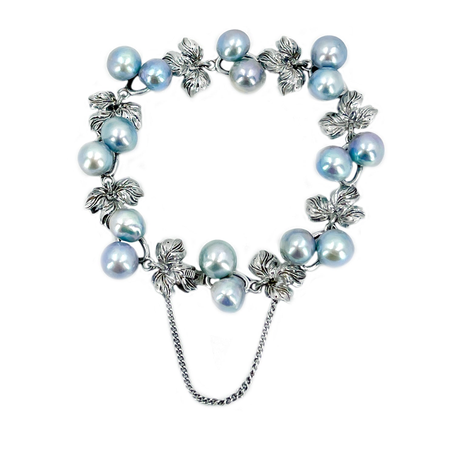 Baroque Blue Grape Leaf Japanese Saltwater Akoya Cultured Pearl Vintage Bracelet- Sterling Silver