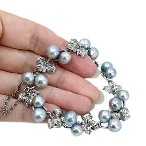 Baroque Blue Grape Leaf Japanese Saltwater Akoya Cultured Pearl Vintage Bracelet- Sterling Silver