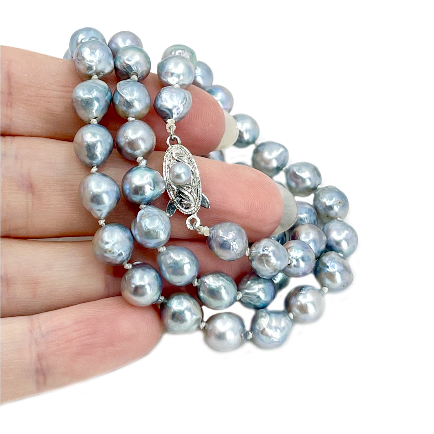 Vintage Baroque Blue Japanese Saltwater Cultured Akoya Pearl Necklace - Sterling Silver 18.25 Inch