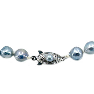Vintage Baroque Blue Japanese Saltwater Cultured Akoya Pearl Necklace - Sterling Silver 18.25 Inch
