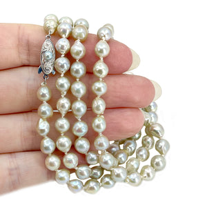 Rainbow Silver Baroque Vintage Japanese Saltwater Cultured Akoya Pearl Necklace - Sterling Silver 31 Inch