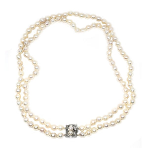 Nouveau Japanese Saltwater Akoya Cultured Pearl Double Strand Necklace-Sterling Silver 22-23.50 Inch