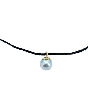 Kumihimo Braided Pure Black Silk Vintage Blue Akoya Saltwater Cultured Pearl Adjustable Necklace-14K Yellow Gold