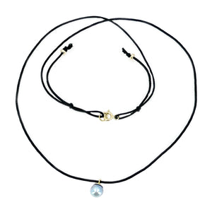 Kumihimo Braided Pure Black Silk Vintage Blue Akoya Saltwater Cultured Pearl Adjustable Necklace-14K Yellow Gold